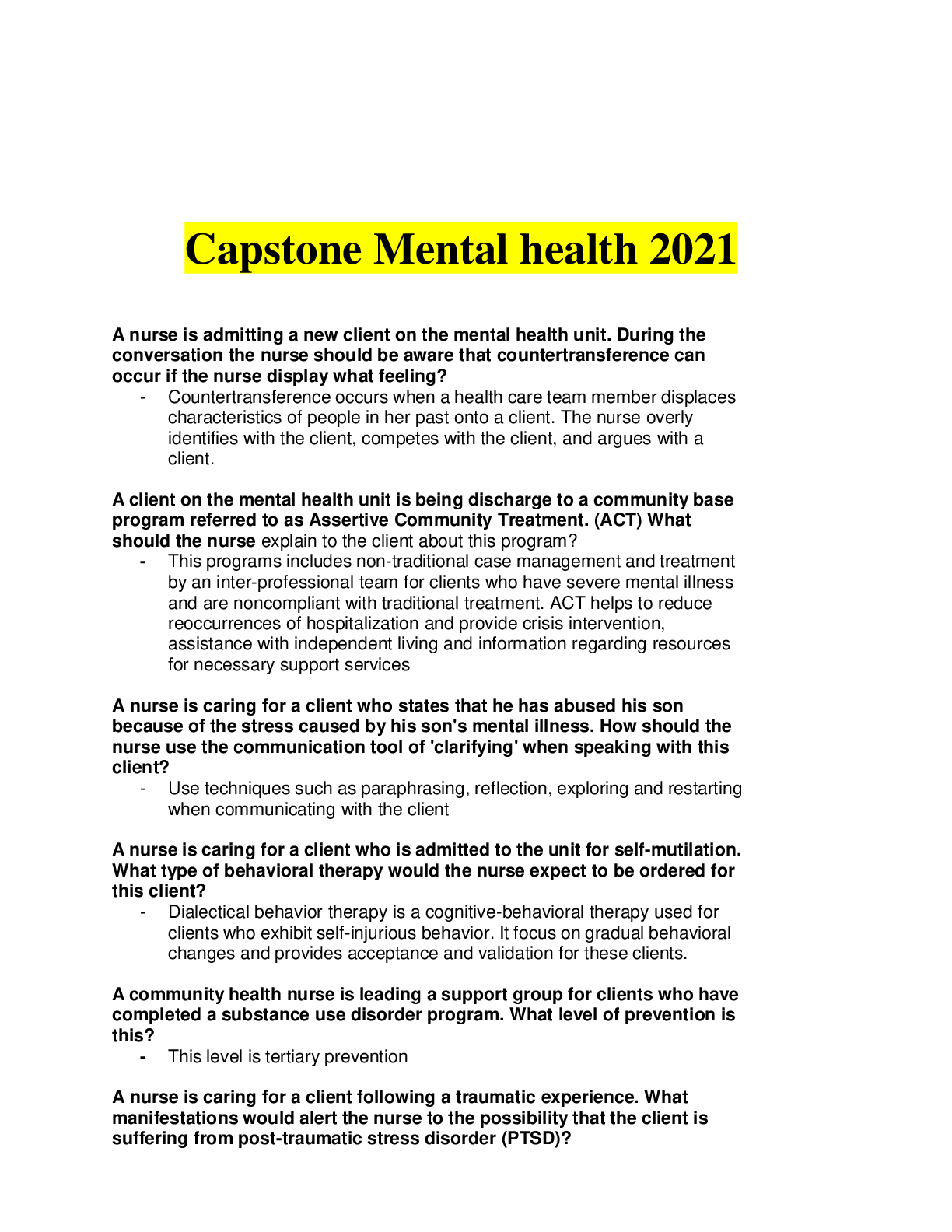 Preview image for Capstone Mental health Questions and Answers Latest 2021, Answered
